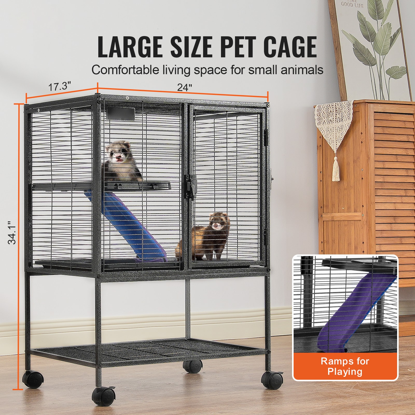 34" Metal Small Animal Cage 2-Tier Rolling Ferret Cage With Tray A Ramp_maomaolike.com